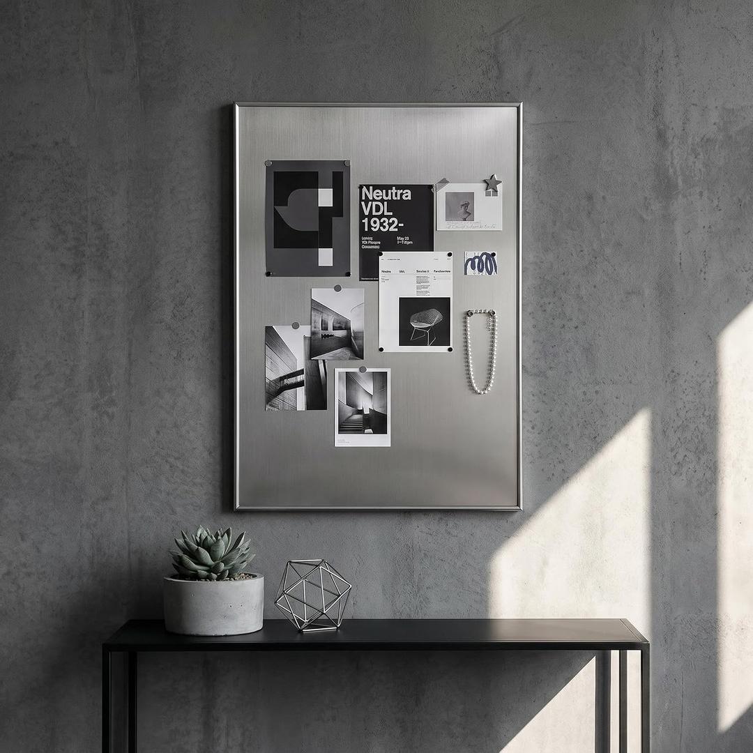 AMAATE 2432 Inch DIY Magnetic Stainless Steel Bulletin Board, Silver Metal Frame Wall Art & Photo Display with Magnets & Hooks, Modern Style Wall Mount Organizer