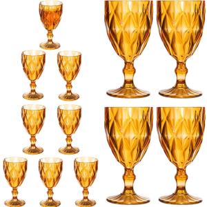 12 Pack Vintage Wine Glasses, Plastic Reusable 12 Ounce Colored Water Goblets, Unique Embossed Pattern Unbreakable Stemmed Wine Glasses High Clear Wedding Party Bar Drinking Cups Amber