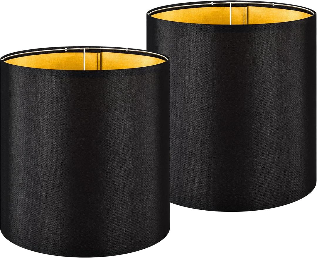 14x14x15 Inch Large Tall Drum Lamp Shades Set of 2, Premium Black Linen Light Shade with Textured Gold Lining for Floor Lamps & Table Lamps, No-Gap Seamless Design (Easy Assembly Required)