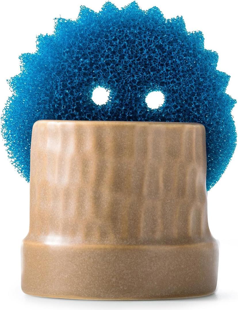 Zoeeker Sponge Holder for Kitchen Sink, Ceramic Sink Caddy Scrub Sponge Tray Dish Rack for Scrubbers, Kitchen Organizer, Brown (Hammer Pattern)