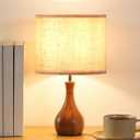 Small Table Lamp, 14.2" Wood Bedside Lamp, Little Cute Desk Lamp with Dark Wood Bottle-Shaped Base & Beige Linen Lampshade, Nightstand Lamp for Bedroom, Small Space, E26 Socket, LE09TL05