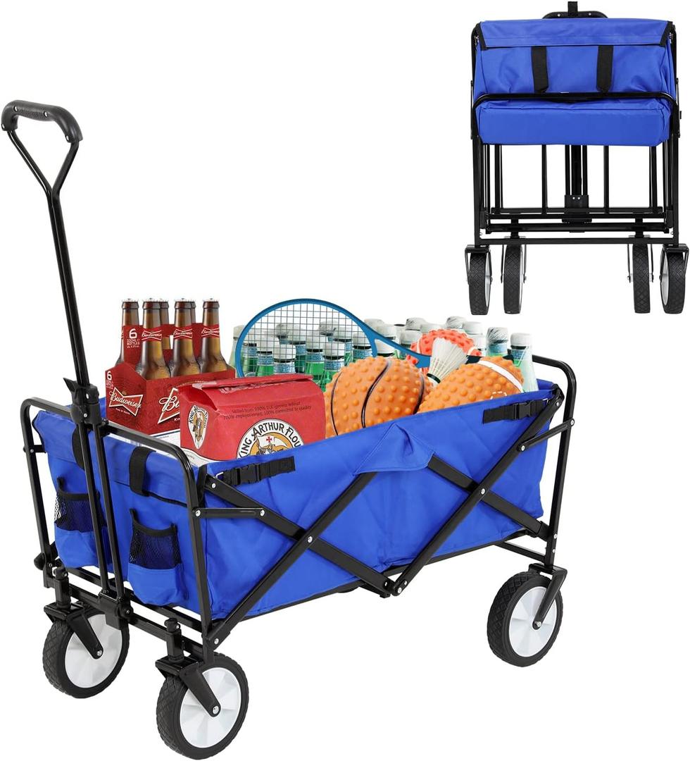 Foldable Outdoor Wagon - Heavy Duty Beach Wagon All-Terrain Utility Cart with Wheels, Adjustable Handle Grocery Cart for Beach, Camping, Sports, Shopping - Blue