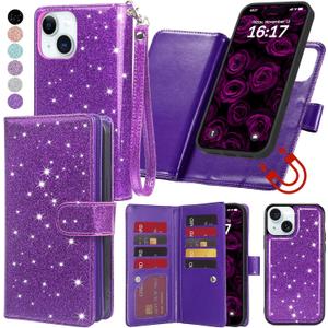 Varikke for iPhone 13 Wallet Case Detachable with Card Holder for Women, Fashion Glitter PU Leather Wrist Strap Strong Magnetic Flip Wallet Removable Phone Case Cover for iPhone 13 6.1", Dark Purple