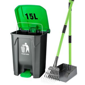 MXF Pooper Scooper Set - 28" Dog Pooper Scooper & Long Handle Stainless Metal Tray&Rake, 15 Litre Step Dog Poop Trash Can w/Removable Inner Bucket, 20 Waste Bags for Outdoors