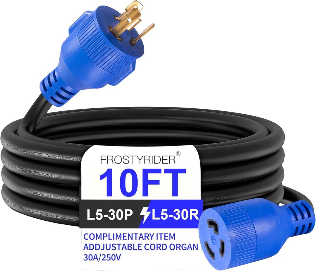 3 Prong 30 Amp 10 Foot Generator Extension Cord, NEMA L5-30P/L5-30R, 125/250V Up to 7500W 10 Gauge SJTW Generator Cord, ETL Listed