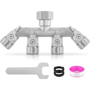 4 Way Garden Hose Splitter, 304 Stainless Steel Outdoor Faucet Splitter with 4 Individual Shut Off Valves, 3/4" GHT High Flow Hose Bib Spigot Connector