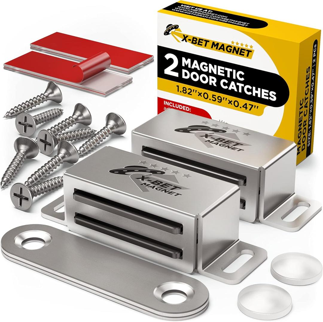X-bet MAGNET Magnetic Cabinet Door Catch Adhesive - Cabinet Magnets Strong for Closure - Stainless Steel Drawer Magnet - Magnetic Door Latch for Drawers Kitchen, Cupboard, Closet (Big 2 PCs, Silver)
