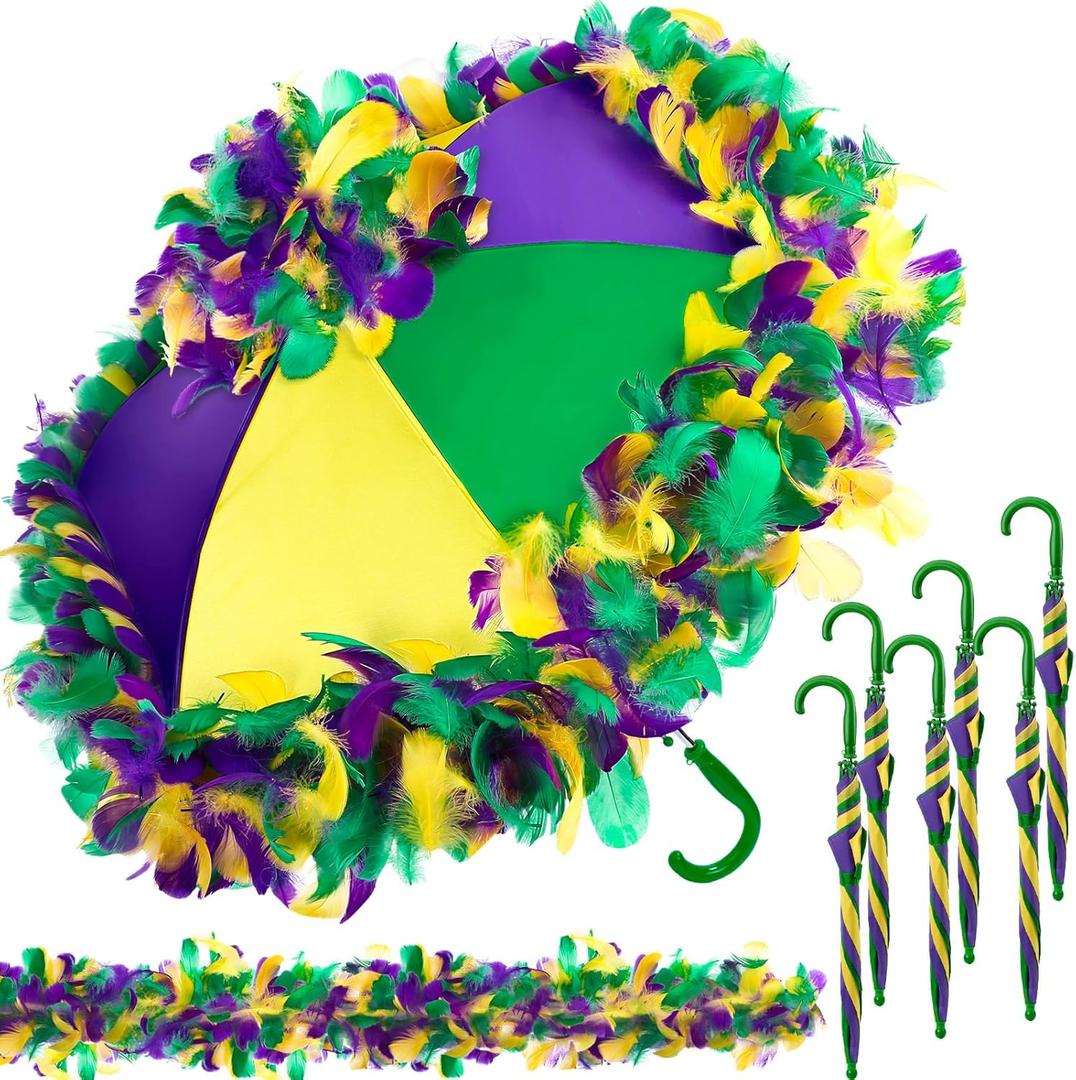 6 Pcs 34.25 Inch Mardi Gras Umbrella Purple Green Yellow Second Line Umbrella with Feather Accent Second Line Parasol for Women Masquerade Costume Outfit Party Favors