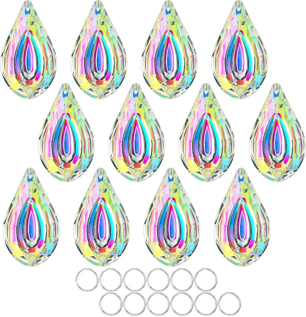 HDCRYSTALGIFTS 12pcs Suncatcher Crystal 50mm AB Loquat Shape Chandelier Parts Drops Prisms Hanging Crystal Sun Catchers,Colorful Glass Ornaments for Christmas Tree