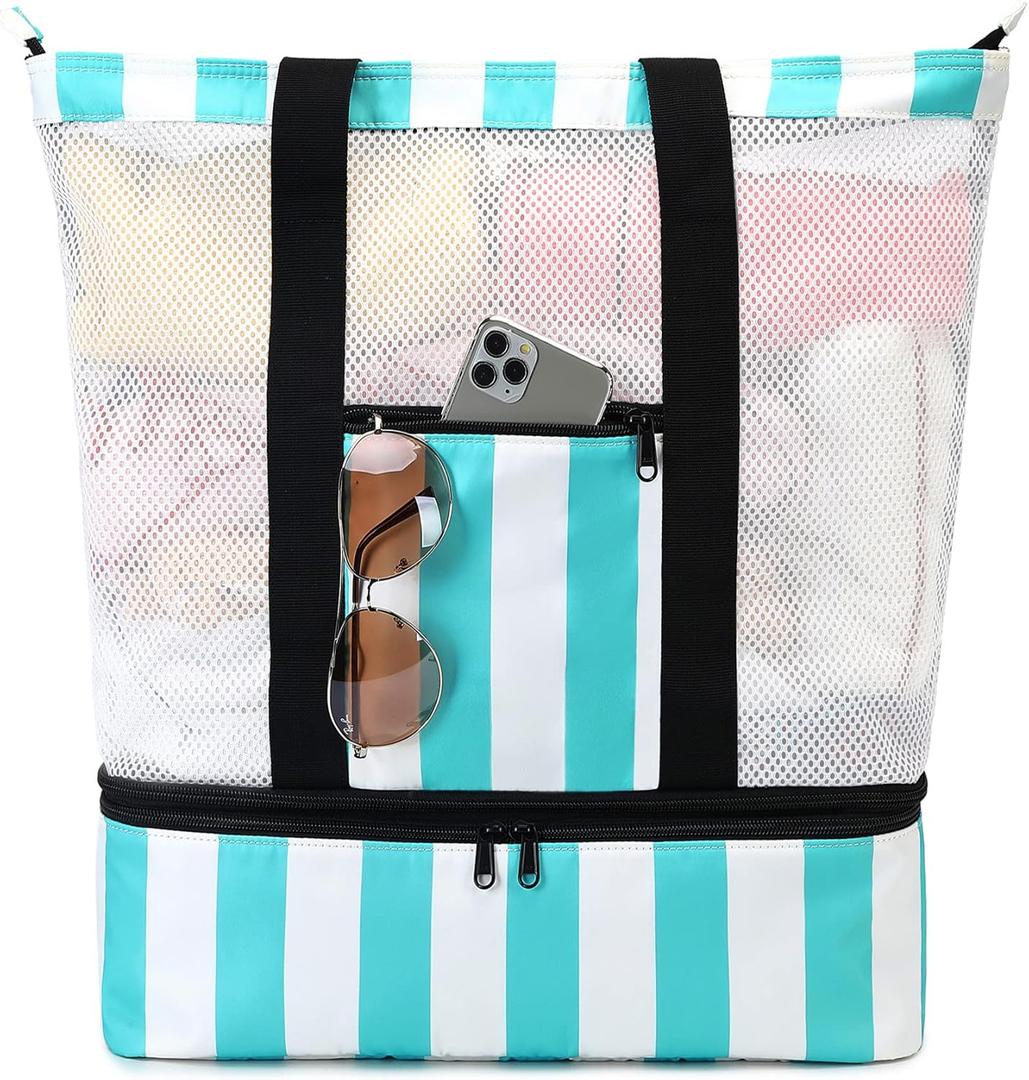 Bluboon Mesh Beach Tote Bag with Cooler Compartment Insulated Detachable Picnic Bag with Zipper and Pocket Pool Bag for Women (Turquoise)