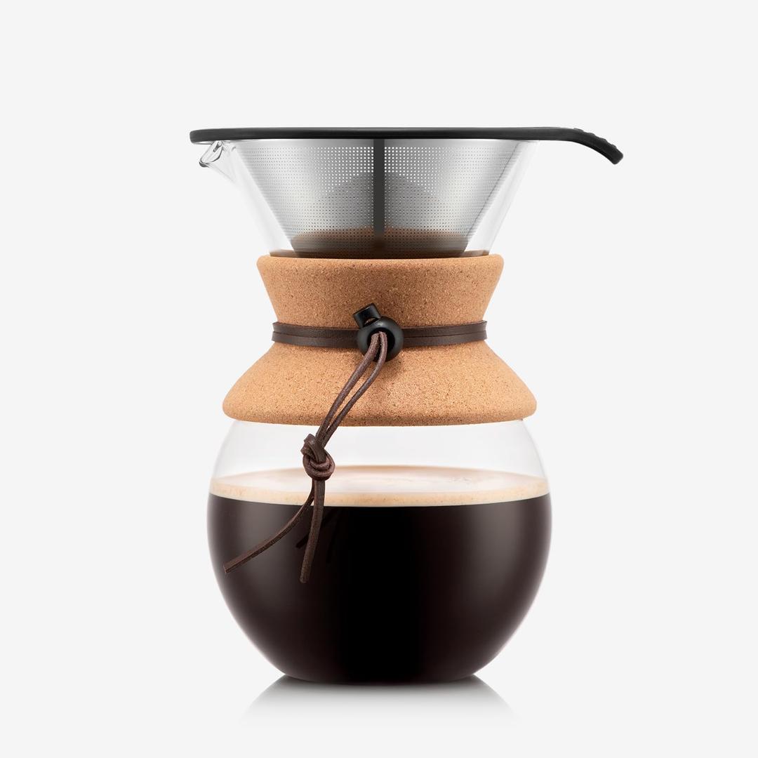 BODUM 34oz Pour over Glass Coffee Dripper w/ Reusable Stainless Steel Filter, Brown, Cork