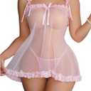 OYOANGLE Women's Lace Sheer Bow Chemise Nightgown and Thongs See Through Lingerie Set Pink Small