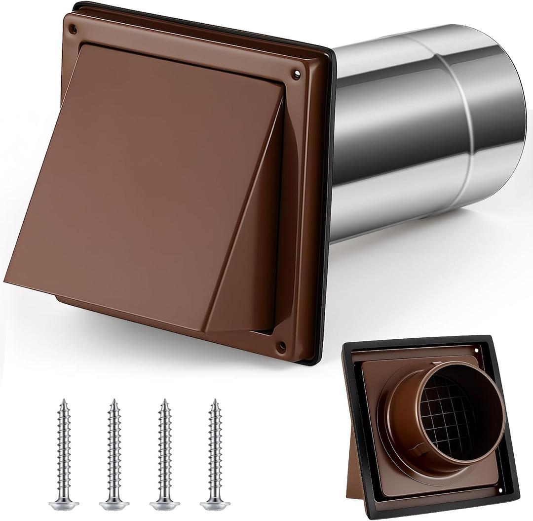 Gisafai 4" Outside Dryer Vent Cover for Exterior Walls Exhaust Vent Cap with Removable Extension Pipe Stainless Steel Hood Cushioned Non Return Flap with Sealing Gasket Grille Screen (Brown)