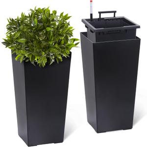 GarveeLife 22.5 in Tall Planters Set of 2, OutdoorIndoor Black Planter Pots, High Front Porch Planter Pots with Drainage HolesWater Level MonitorInner Bucket, Automatic Watering, Black