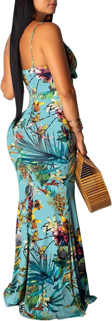 Women's Summer Floral Spaghetti Strap Long Maxi Dresses Low-Cut Bohemian Beach Sundress (Lightblue, X-Large)