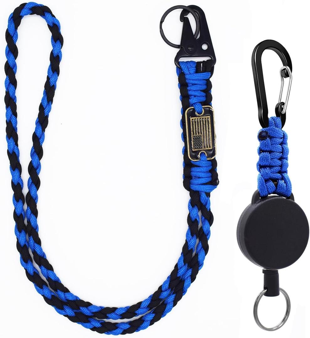 Retractable Keychain, Heavy Duty Badge Holder Reel  Braided Paracord Lanyard with USA Flag, Retractable ID Badge (Black-blue)