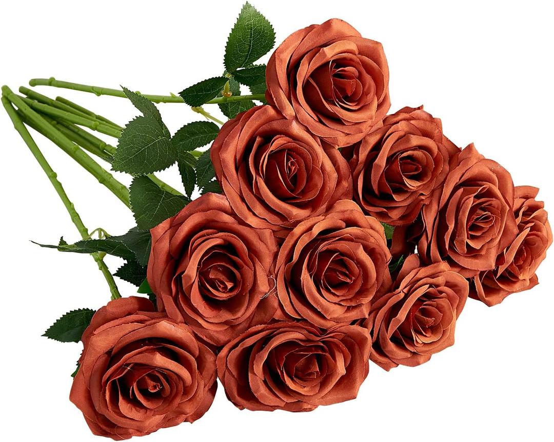 Artificial Rose 10pcs Open Flower Bouquet Faux Rose Stems for Wedding Arrangement, Bridal Bouquet, Centerpiece, Fake Faux Silk Flowers (Burnt Orange)