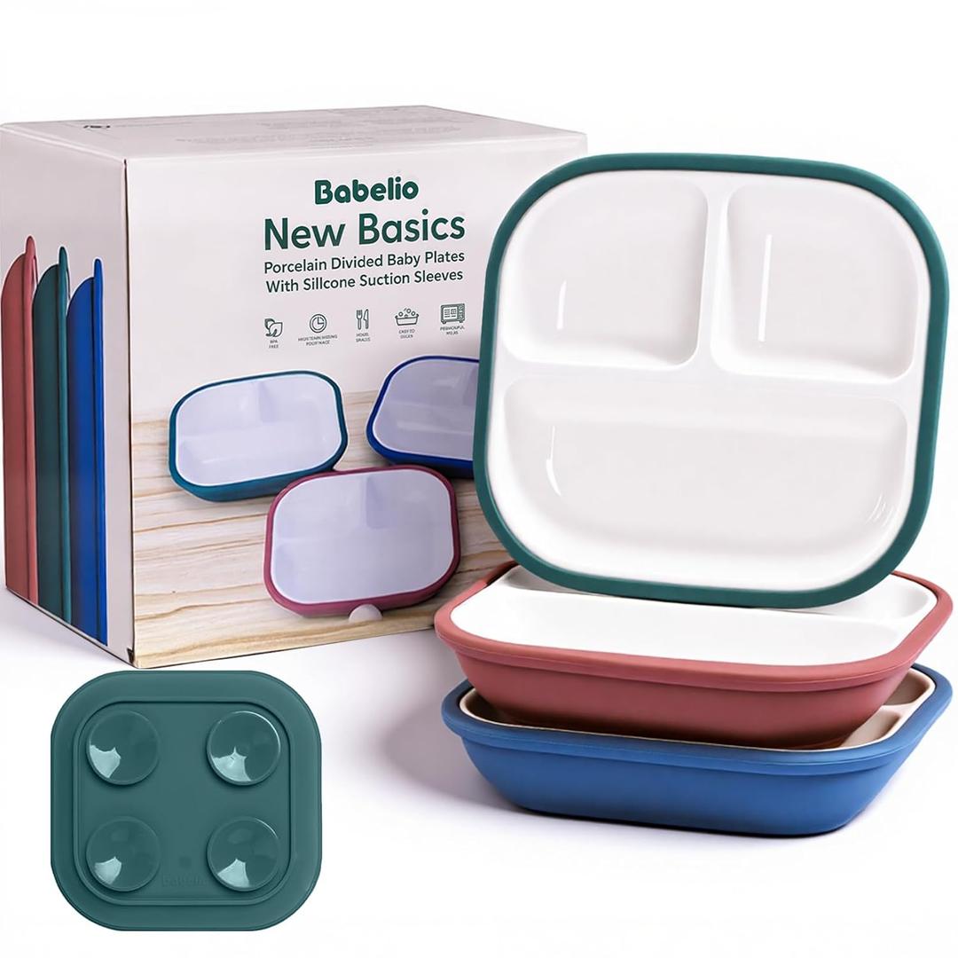 Babelio 8'' Toddler Porcelain Plates with Silicone Suction Sleeves, Lead & BPA Free, Divided, Microwave & Dishwasher Safe, Stay Put, Suitable for Kids, 3 Pack (1-Blue/Matcha Green/Red)