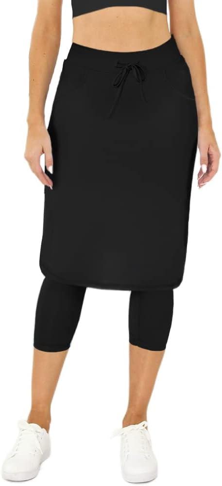 Aurgelmir Women's Tennis Golf Skirts Workout Skirted Leggings Yoga Capri Pants with Skirts Skorts Pockets (Black, M)
