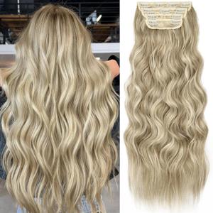 KooKaStyle Clip in Synthetic Highlight Hair Extensions Long Wavy 4PCS Thick Hairpieces Ashy Beige Blonde Balayage Fiber Double Weft Natural Hair Extensions 24 Inch for Women