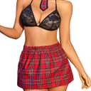 Avidlove Sexy Lingerie Set for Women Plaid Mini Skirt Outfit with Thong Set 4 Piece (Large, Black)