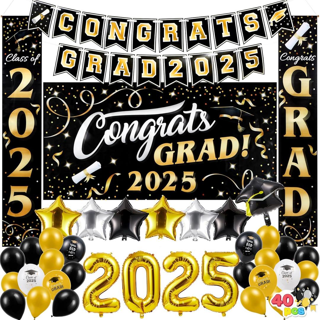 JOYIN Graduation Party Decorations Class of 2025, Black & Gold Grad Celebration Supplies Set with Backdrop Banner, Porch Sign, Balloons, Foil Number 2025, Hanging Strip for High School College Grad