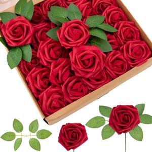 Cliselda 100Pcs Red Fake Roses Artificial Flowers with Stems, Valentine's Day Gifts, Real Touch Foam Rose Bulk Faux Flowers for Wedding Bouquets Centerpieces Flower Arrangement
