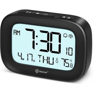 Geevon Small Digital Atomic Alarm Clock for Bedroom, Portable Battery Operated Travel Desk Clock for Heavy Sleepers, with 10s Backlight, Temperature, 3 Inch Display, Black