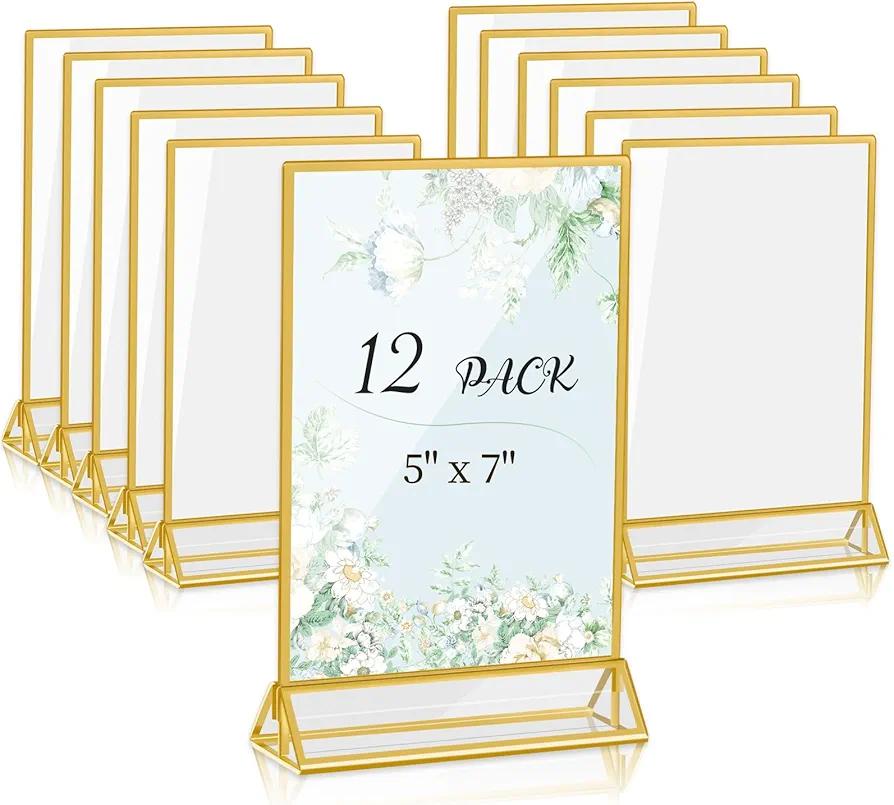 Acrylic Sign Holders 5 X 7, 12 Pack Table Number Holders for Wedding Table Numbers & Menu, Gold Border Acrylic Picture Frames Double Sided Clear Display Stand