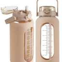 SIEROZUR 64oz Glass Water Bottle with Straw and Handle Lid Half Gallon Motivational Glass Bottle with Silicone Sleeve and Time Marker Large Reusable Sports Water Jug for Gym Home Workout (42 Ounces, Amber)