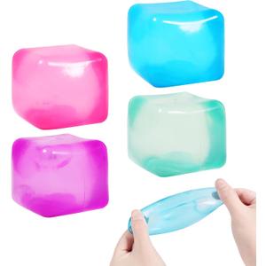4pack Stress Cube Squishy Stress Balls for Kids Ice Cubes Squishy for Adults Fidget Toy for Your Best Mellow and Chill Square Shape with Filling in Pink Purple Blue Green for All Age(4pcs)