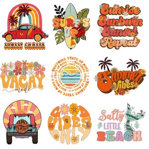 9Pcs Summer Vibes Beach Iron On Decals for Clothing Summer Vacation Iron On Patches DIY Heat Transfer Stickers for T-Shirt Jean Appliques