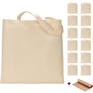 FunisFun 12 Pack Blank Canvas Tote Bags Bulk Reusable Shopping Grocery Bag for Crafts with a PTFE Teflon Sheet DIY (White)