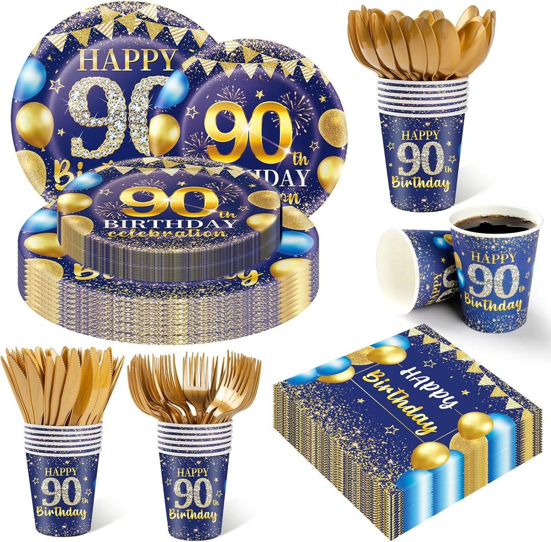 350PCS 90th Birthday Party Decorations for 50 Guests Blue and Gold Party Supplies Include Disposable Paper Plates, Napkins, Cups, and Tableware