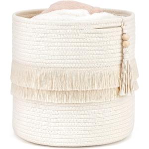 Dahey Macrame Decorative Cotton Rope Storage Basket Boho Nursery Decor Small Cute Woven Tassel Storage Bins Organizer with Wooden Bead for Baby Toys, Blanket, Magazines, Living Room, Bedroom, 11" x 11"