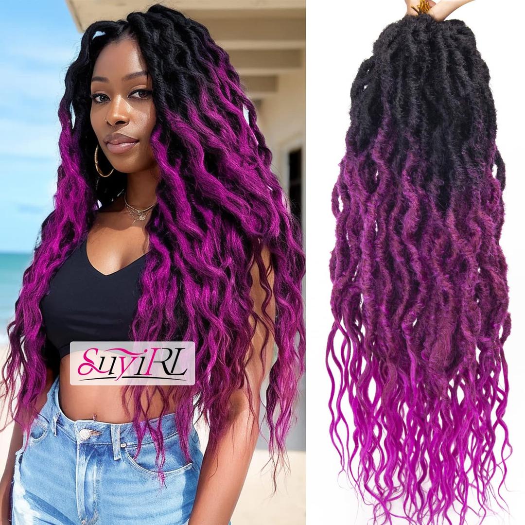 Faux Locs Crochet Hair For Black Women Soft Locs 24 Inch Goddess Crochet Hair Curly Ends Dreadlocks Boho Style Synthetic Braiding Hair Extensions (24 Inch, 6 Packs,1b/Purple)