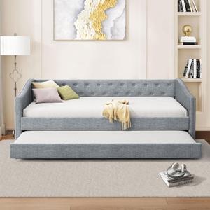 Twin Size Upholstered Daybed with Trundle, Tufted Sofa Bed w/Button on Back and Piping on Waved Shape Arms for Bedroom Guest Room, No Box Spring Needed, Light Grey