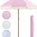 Aoxun 7ft Patio Umbrella with Fringe Outdoor UV 50+ Protection Picnic Umbrella with Aluminum Pole, Ribs Push Button Tilt and Carry Bag, Pink