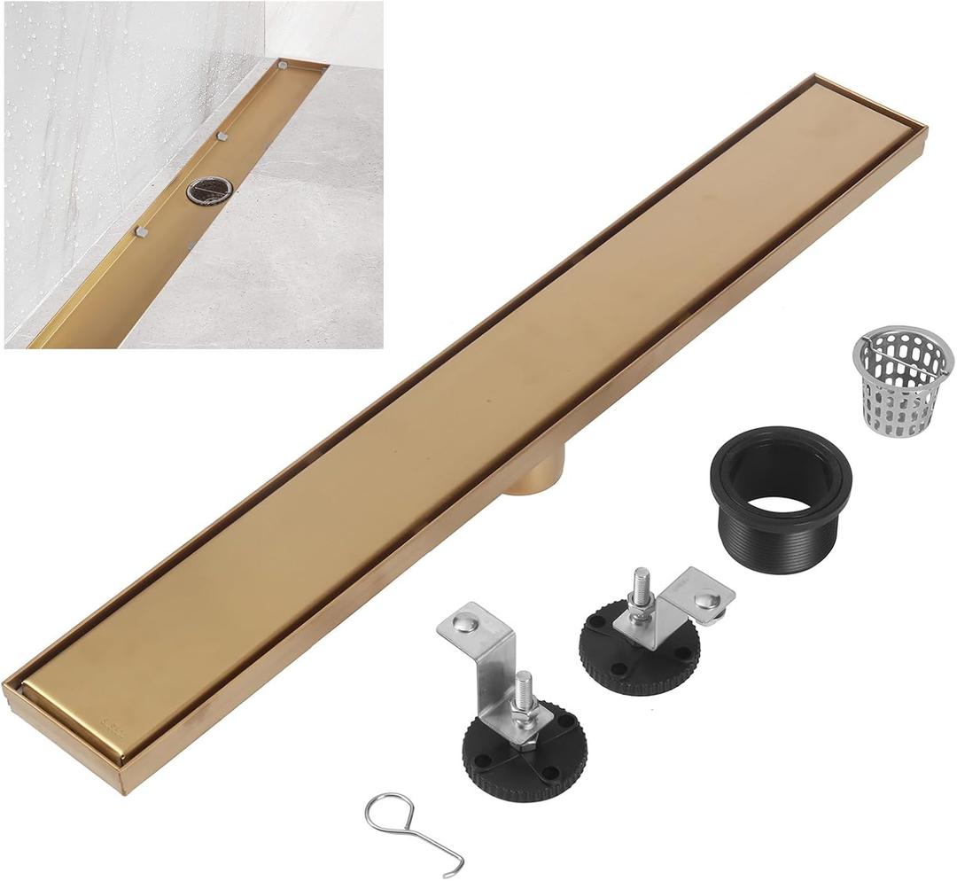 Linear Shower Drain, Gold 304 Stainless Steel Rectangle Shower Floor Drain, 24 inch with 2 in 1 Tile Insert and Flat Panel, Linear Drain with Adjustable Feet,Hair Filter