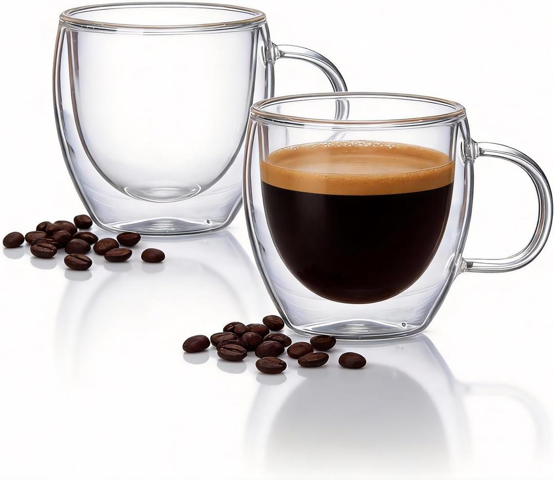 Double Wall Insulated Espresso Shot Cups 5.4 OZ Set of 2, Small Clear Borosilicate Glass Demitasse Coffee Mugs with Handles