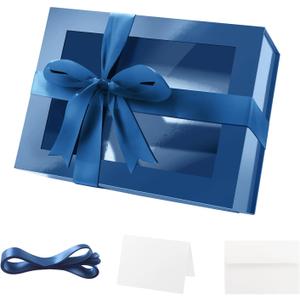 PACKQUEEN Blue Gift Box with Window, 9x6.5x3.8 Inches, Clear Gift Box for Present Contains Ribbon, Card, Groomsman Proposal Boxes with Magnetic Lid (Glossy Blue)