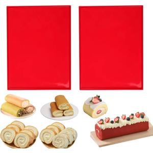 HLCM Silicone Swiss Roll Cake Mat - 2Pcs Silicone Baking Mat, Jelly Roll Pan, Non-Stick Silicone Mat with Lip, Easy to Clean Silicone Pastry Mat, Great for Swiss Roll, Pastry, Jelly, Cookies (Red)