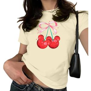 Pink Bow Cherries Shirt Women: Coquette Tops Clean Girl Aesthetic Shirts Casual Summer Short Sleeve Tshirt, Small