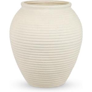 11" Rustic Ceramic Vase for Home Décor, Farmhouse Ribbed Pottery Vase for Pampas Grass & Dried Flowers, Decorative White Flower Vase for Living Room Table Shelf Mantel Centerpiece, Matte Ivory