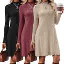 Velvelhall 3 Pack Women's Long Sleeve Sweater Dresses Ribbed Knit Lettuce Trim Mock Turtleneck Short Casual Slim Fit Dresses(Apricot, Red, Black,Small)