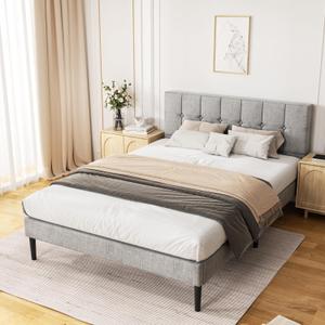 Queen Size Bed Frame with Upholstered Headboard, Modern Bed with Wooden Slat, No Box Spring Needed, Easy Assembly, Light Grey