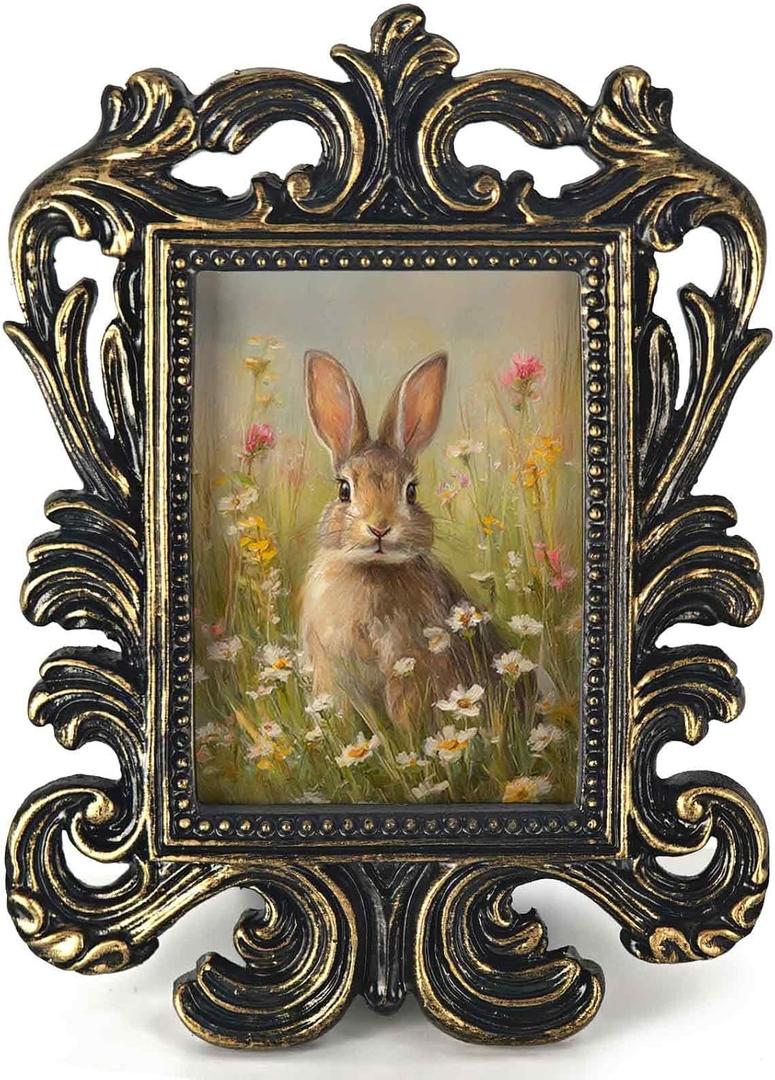 Easter Bunny Rabbit Small Picture Frame,Vintage Wildflower Mini Ornate Photo Frame for TableTop Desk Decor, Rustic Spring Baroque Art Prints Decorations Gifts for Bedroom 1.7x2.5in Photo