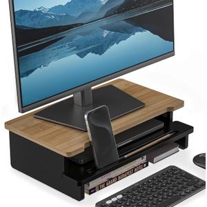 Computer Monitor Stand Riser, 16.5 Inch Wood Desk Shelf Storage Organizer with Phone Tablet Holder, Black & Dark Bamboo