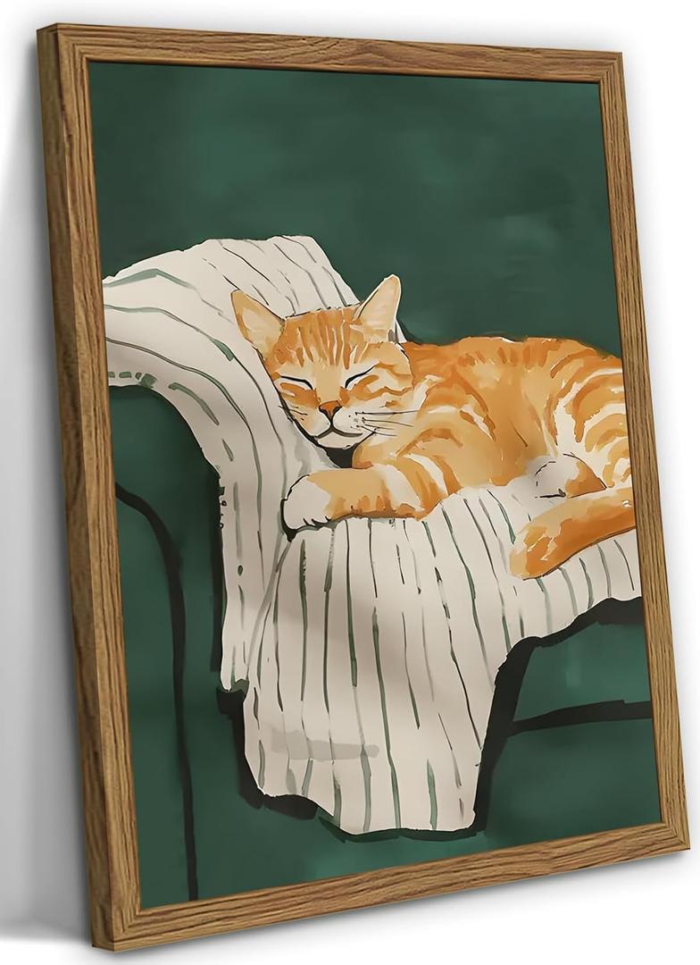 Funny Cat Wall Art Cute Cat Sleeping on Couch Wall Decor Painting Orange Pet Kitty Portrait Pictures Prints Contemporary Animal Canvas Artwork for Bedroom Living Room 12x16 inch Wood Framed