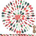 Mini Clothes Pins, Christmas Wooden Photo Clips Small Clothes Pin Tiny Wood Clip for Crafts, Mini Wooden Pegs with 33 ft Jute Twine for Hanging Xmas Card Photo Picture Display (Fresh Color,100 Pcs)